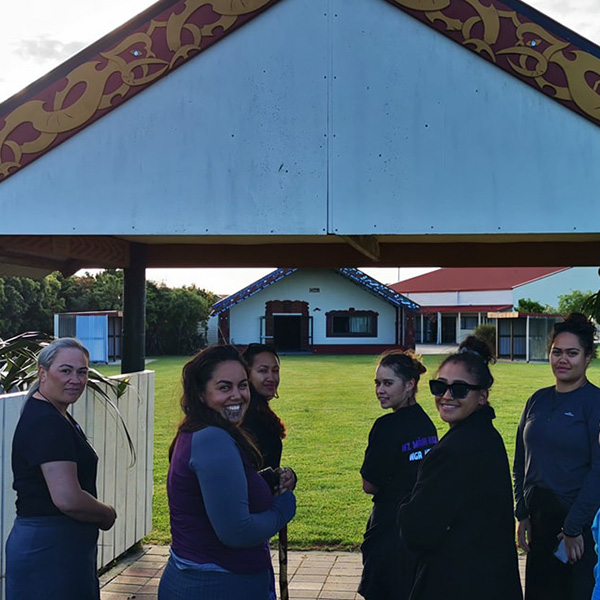 Tyra Begbie and Kyea Watene-Hakaria pictured far right with the team as they arrive at Pukemokimoki marae