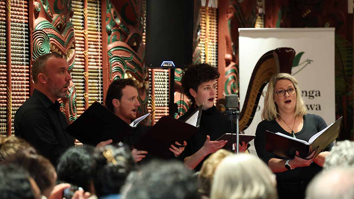Opus Orchestra perform the debut of The Journey of Mataatua Whare, inside Mataatua Whare