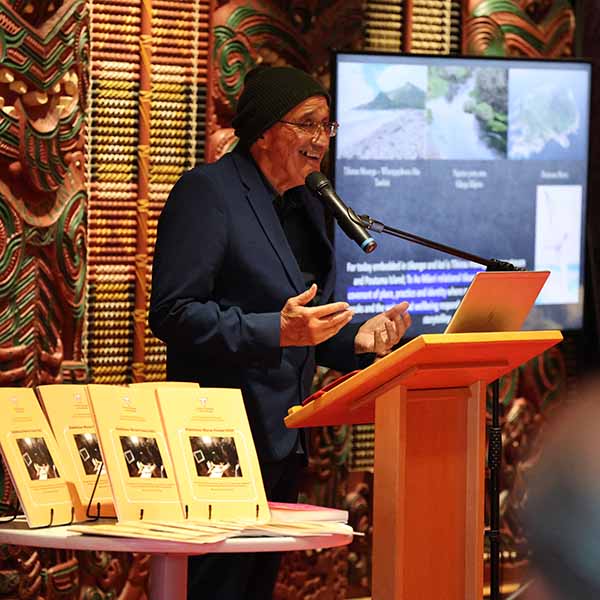Professor Taiarahia Black delivers presentation on tikanga, kai and storytelling.