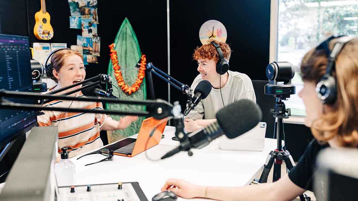 students in a radio studio